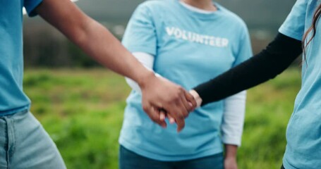 Wall Mural - Hands together, volunteer and closeup with people in nature for environment, charity and climate change. Applause, social responsibility and community service with group in park for ngo support