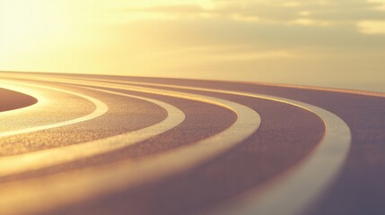 Aufkleber - A beautiful curved running track leads towards the horizon, illuminated by the warm glow of sunset, ideal for athletic pursuits. Generative AI