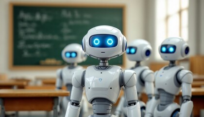 Wall Mural - robots assisting in education classroom setting digital learning modern technology close-up view