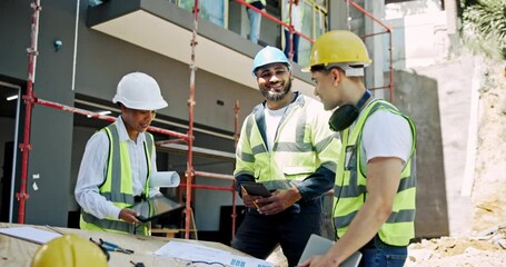 Poster - People, handshake and tablet on construction site with smile, property development or project management. Engineering team, blueprint or outdoor with welcome for building renovation with architecture