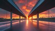 © Suphawan - A deserted highway stretching into the distance, passing under an overpass with a vivid sunset reflecting off its surfaces.