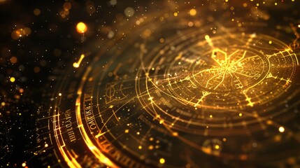 Wall Mural - A mysterious and enchanting digital abstract image with a golden theme. Features a complex circular structure and golden light, creating a magical atmosphere.