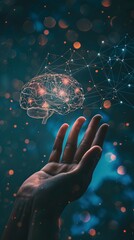 Wall Mural - a hand against a dark backdrop holds a glowing brain made of interconnected light points, symbolizin