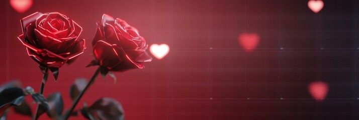 cyberpunk valentine card, valentines day card with cyberpunk style metallic roses and neon petals, set against a high-tech grid background, with space for text