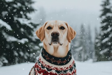 Poster - A playful dog donned in a festive sweater sits in front of a snowy backdrop, surrounded by serene winter scenery and falling snowflakes. Generative AI