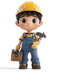 Wall Mural - Cartoon Boy Worker Holding Tools in Fun Style