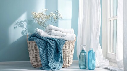 Poster - Organized laundry display with folded clothes cozy home interior decor bright space freshness concept