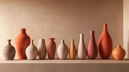 Aufkleber - Artistic display of colorful ceramic vases modern home decorative art minimalist setting eye-level view aesthetic appeal