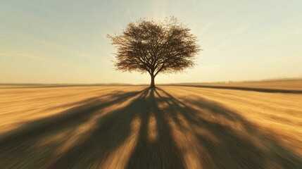 Poster - Solitary tree casts long shadow, sunlit field.