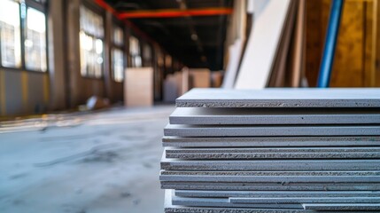 Poster - Drywall sheets stacked against wall in construction site industrial setting close-up view building materials concept