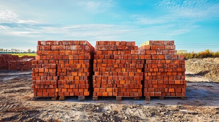 Poster - Construction site activityneatly stacked red bricks in a sunny environment detailed viewpoint for building projects