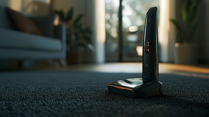 Close-up of sleek vacuum cleaner on carpet in modern home indoor product photography for home care