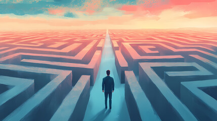 man in surreal maze, facing labyrinth challenge, complex problem decision, strategy for success, con