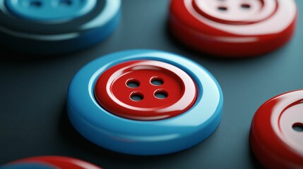 Shiny red and blue buttons, close-up view.
