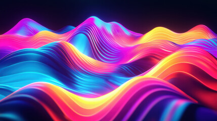 Wall Mural - Abstract background with wavy neon lines in vibrant rainbow colors, set against a black backdrop, glowing and dynamic composition for a modern aesthetic