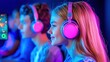 © weerasak - A group of teens gaming together, all wearing stylish headphones, with screens and game graphics glowing vibrantly in a dark room.