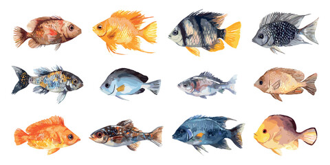 Wall Mural - Oceanic Fish Set Modern Watercolor Technique Illustration On White Unique Artwork Creative Design Decorative Elements Artistic Visuals Modern Graphics Distinctive Style Marine Life