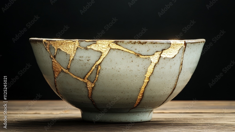 Ilustración de Stock Kintsugi bowl. Gold cracks restoration on old ...