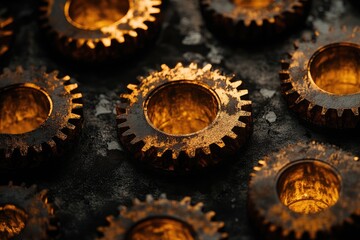 Leinwandbilder - Interlocking bronze gears rotating smoothly on dark background