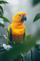 Wall Mural - Golden conure perched on branch in lush tropical foliage