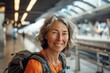 © Markus Schröder - Portrait of a grinning woman in her 50s sporting a technical climbing shirt over modern city train station