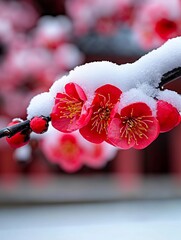 Wall Mural - A branch with red flowers covered in snow on a tree branch