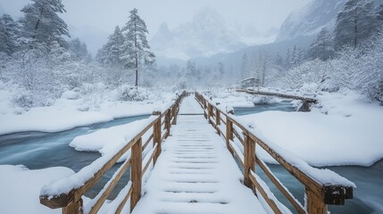 Wall Mural - Wooden footbridge crossing river in snowy winter wonderland