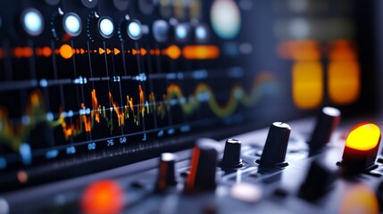 Audio equipment displays waveform, knobs, and lights.