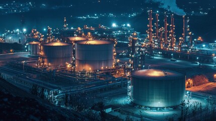 Poster - Gas energy stock market overview industrial site nighttime aerial view financial insights on fossil fuels