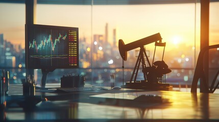 Aufkleber - Energetic oil stock analysis in a modern finance office with city view at sunset business environment realistic concept