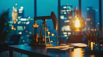 Aufkleber - Oil industry office setup at night in urban environment capturing energy finance conceptualization