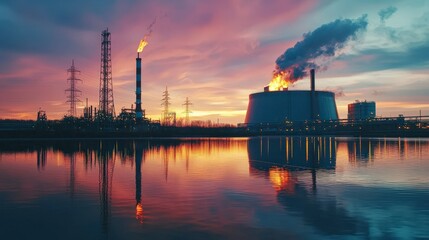 Aufkleber - Energy sector analysisoil and hydro production industrial landscape financial insights aesthetic viewpoint sunset reflections