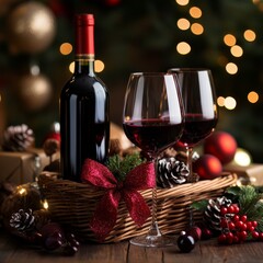 Poster - Bottle of red wine in Christmas basket.