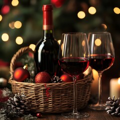 Poster - Bottle of red wine in Christmas basket.