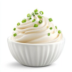 Aufkleber - Ceramic bowl of sour cream and green onions isolated on white background