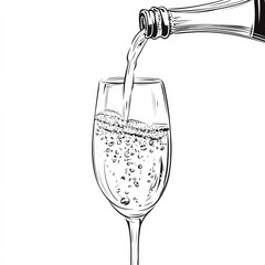 Leinwandbilder - Prosecco glass The process of pouring wine into a glass. Pours champagne from a bottle into a glass. Line art, vector continuous line drawing. Black and white illustration. Christmas, New Year holiday
