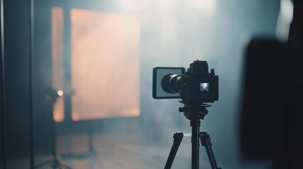 Leinwandbilder - A professional setting features a camera on a tripod ready to record an interview in a modern television studio with a blurred background. Generative AI