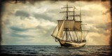 A vintage ship sailing on the seas, captured under a dramatic sky, evoking adventure and historic elegance.