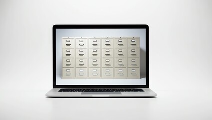 Laptop displaying user interface elements, white isolated background.