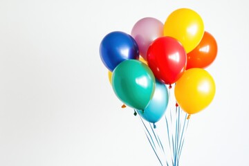 A visually appealing scene of colorful celebration balloons against a stark white background, Celebration scene, Bright style