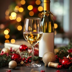 Leinwandbilder - white wine bottle on a christmas holiday festive party table with wine a glass on red and gold shiny decoration