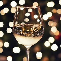 Leinwandbilder - White wine in glass against blurred Christmas lights, space for text. Bokeh effect