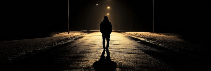 Aufkleber - A solitary person strolls along a dimly lit street at night, shadows stretching out beneath the glowing streetlights. Generative AI