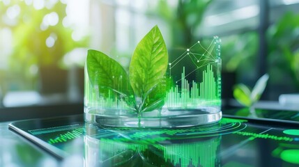 Fototapete - Sustainable energy stock growth visualization in business environment with realistic graphics and nature elements