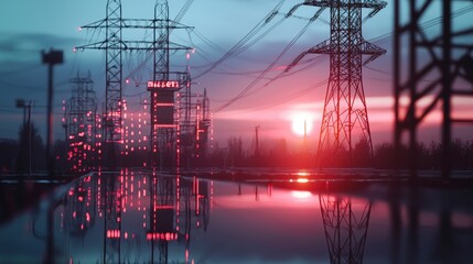 Aufkleber - Dynamic energy stock market infrastructure at sunset industrial landscape realistic imagery of power lines and reflections