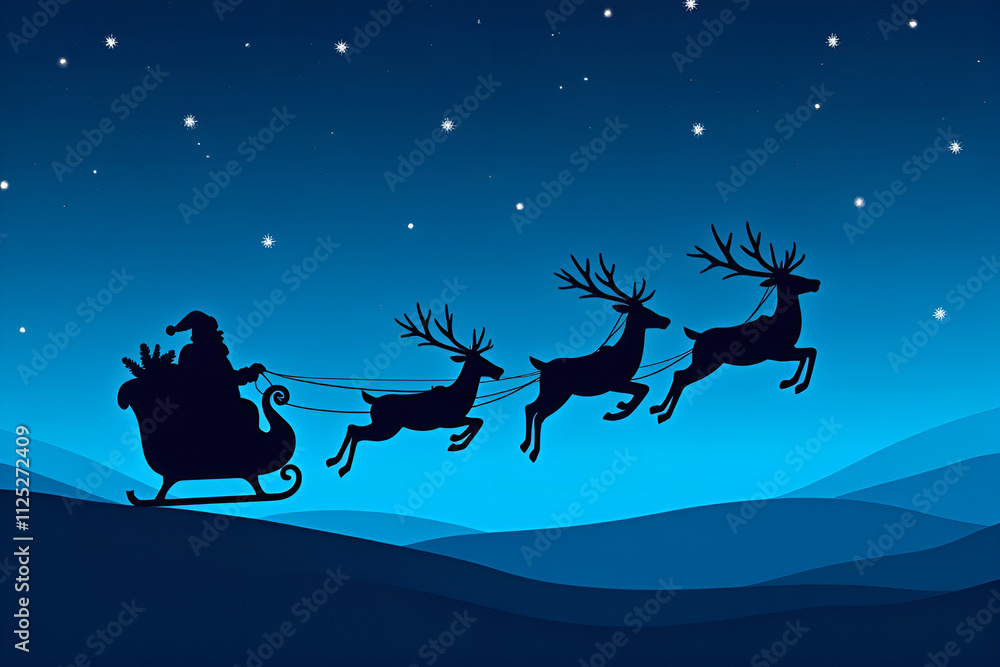 Silhouette of santa claus riding his sleigh pulled by reindeer against ...