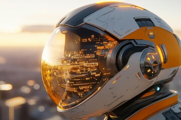 Sticker - Futuristic astronaut helmet displaying a skyline at sunset in a sci-fi inspired environment