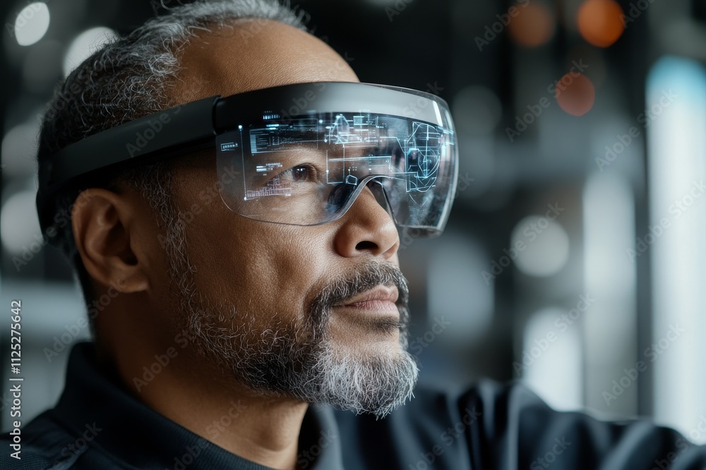 Man wearing augmented reality glasses in a modern technology setting ...