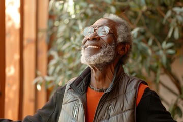 Canvas Print - Portrait of a joyful afro-american man in his 50s dressed in a water-resistant gilet in serene meditation room