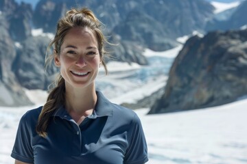 Wall Mural - Portrait of a grinning woman in her 30s wearing a sporty polo shirt on pristine snowy mountain